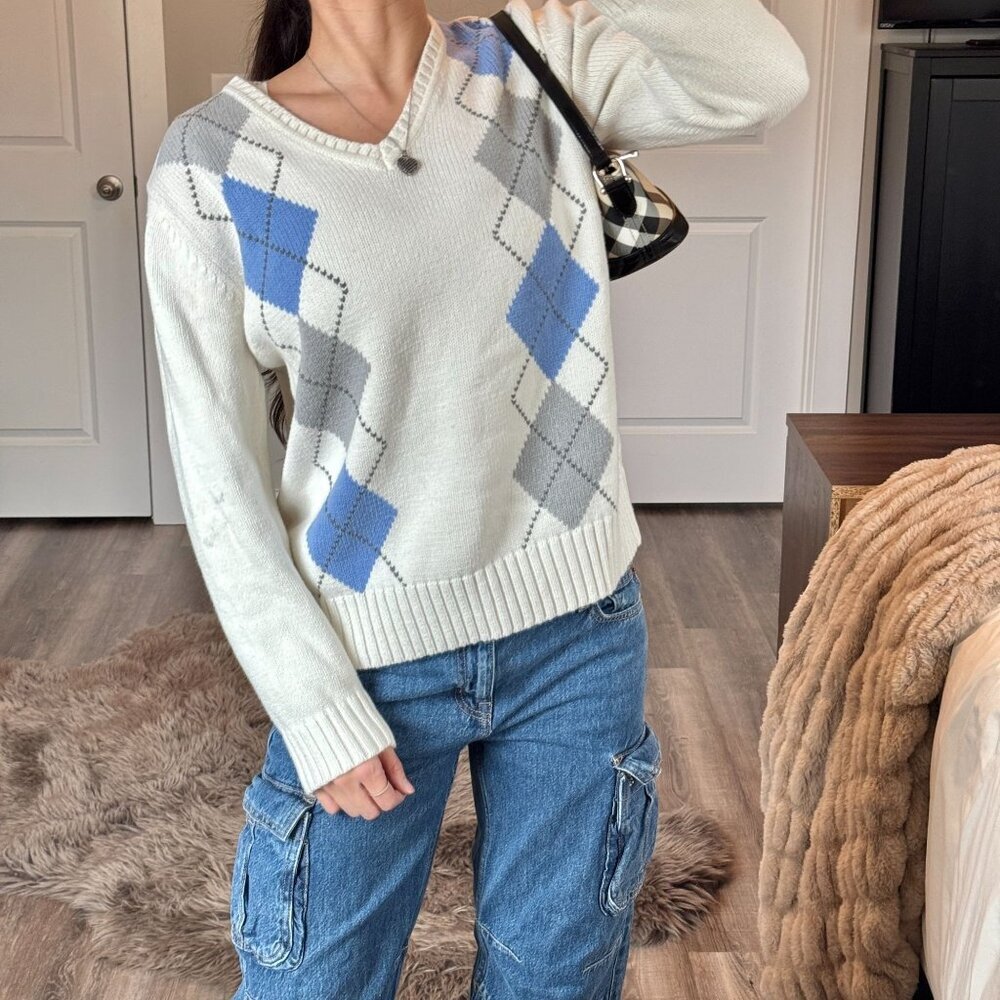 White Argyle Knit Sweater V-Neck Pullover Soft Academia Preppy Tennis Prep Large